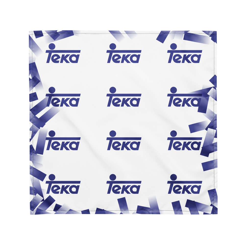 A square white bandana or pocket square featuring a repeating blue Tekla logo pattern and a blue geometric border design, shown flat against a white background.
