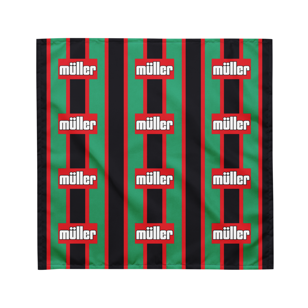 A square scarf featuring a repeating pattern of green and black vertical stripes with red borders and white 'müller' logos printed inside the red stripes.