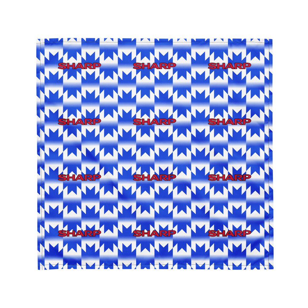 A square product image showing a repeating pattern of blue and white geometric shapes with the word 'SHARP' printed in red across the center, set against a plain white background.