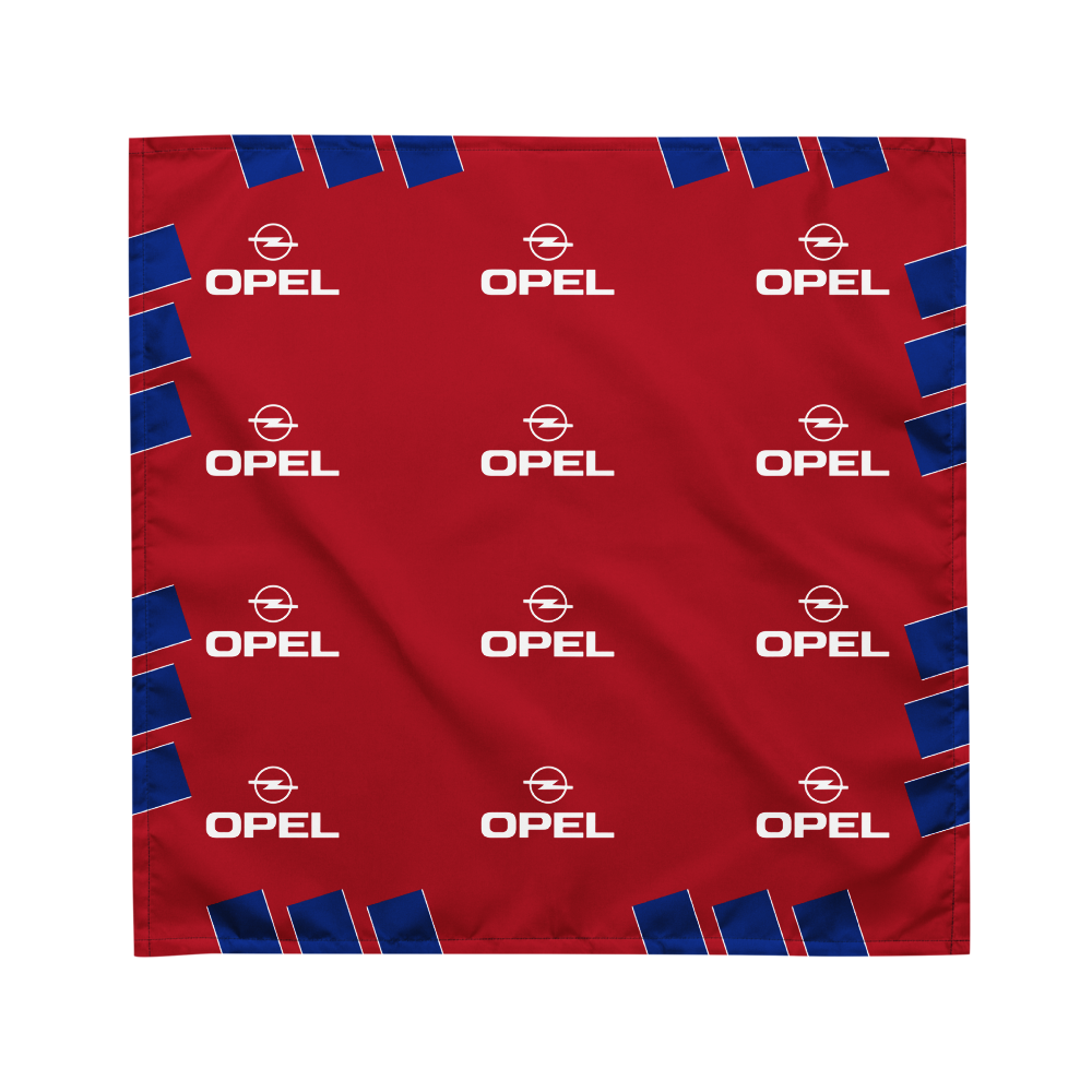 A square red fabric accessory, likely a pocket square or bandana, featuring a repeating white Opel logo pattern and blue striped accents along the edges, shown flat against a white background.