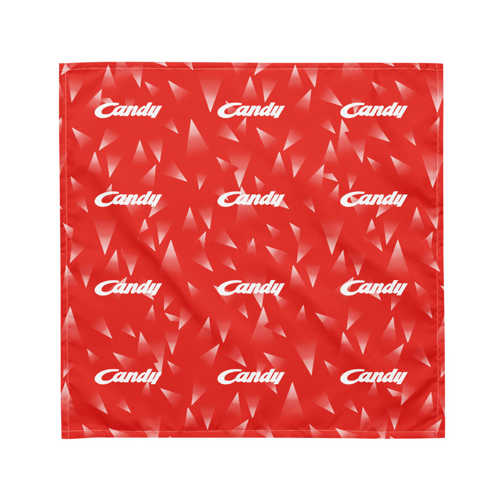 A square red bandana or scarf featuring a repeating white 'Candy' script logo over a red geometric triangle pattern, displayed flat against a white background.