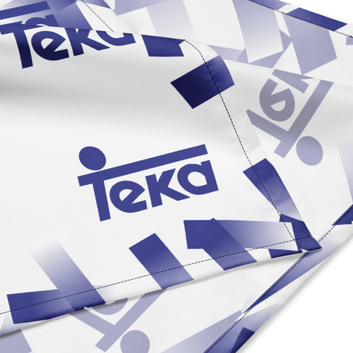 White fabric with a repeating blue and lavender gradient geometric pattern and the word 'teka' printed prominently in blue.