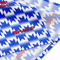 A close-up of a blue and white patterned fabric product, likely a flag or banner, featuring a repeating chevron design and the word 'SHARP' printed in red.