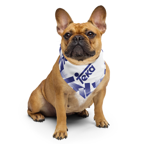 A fawn French Bulldog wearing a white bandana with blue geometric patterns and the brand name 'Teka' printed on it, set against a solid white background.
