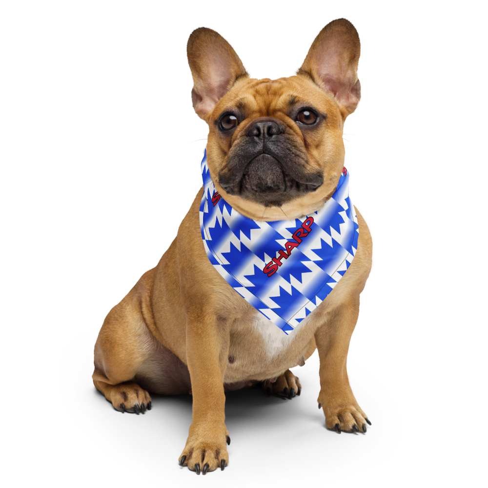 A fawn French Bulldog wearing a blue and white patterned bandana with red text that reads 'I LOVE YOU'. The dog is sitting against a solid white background.