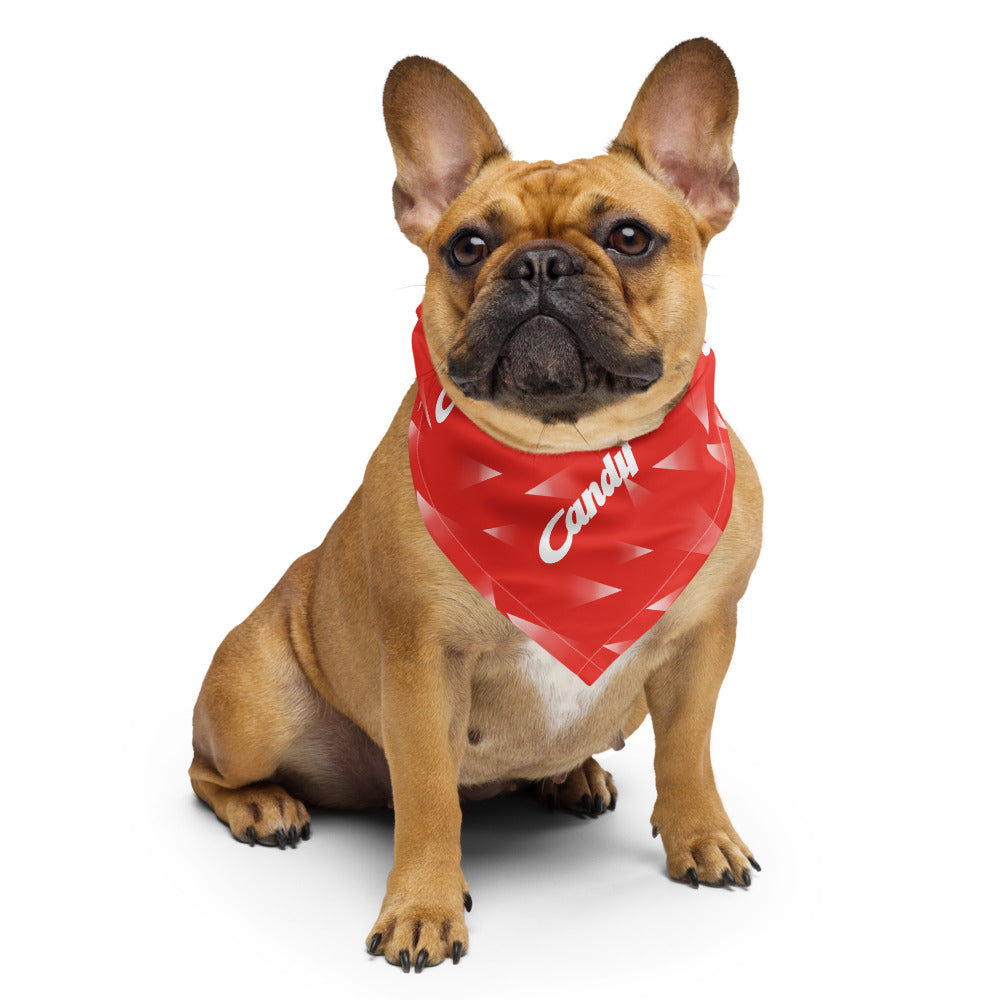 A fawn French Bulldog wearing a red bandana with white geometric patterns and the brand name 'Candy' printed in white script, set against a plain white background.