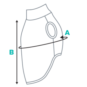 A simple line drawing of a garment silhouette with arrows and labels A and B, indicating measurement or fit information rather than a standard product photo.