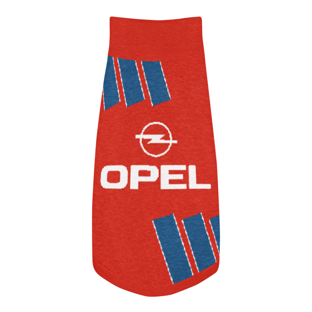 A red knit pet sock featuring the white Opel logo and brand name, accented with blue and white striped graphic details.