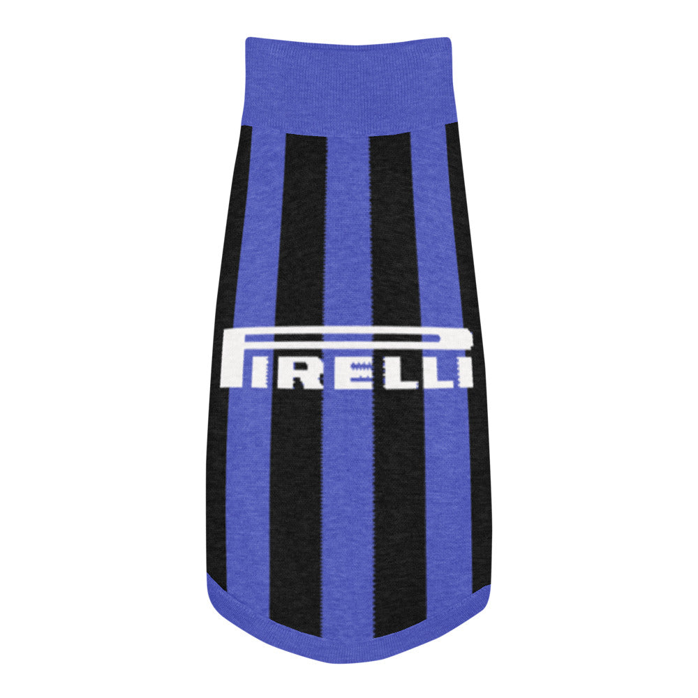A pet sweater featuring the vertical stripes of Inter Milan, with a heathered blue base, black stripes, and a white Pirelli logo across the chest.