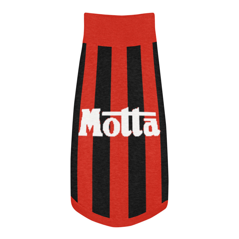 A red and black vertically striped pet sweater with the word 'Motta' printed in white across the front, shown on a plain white background.
