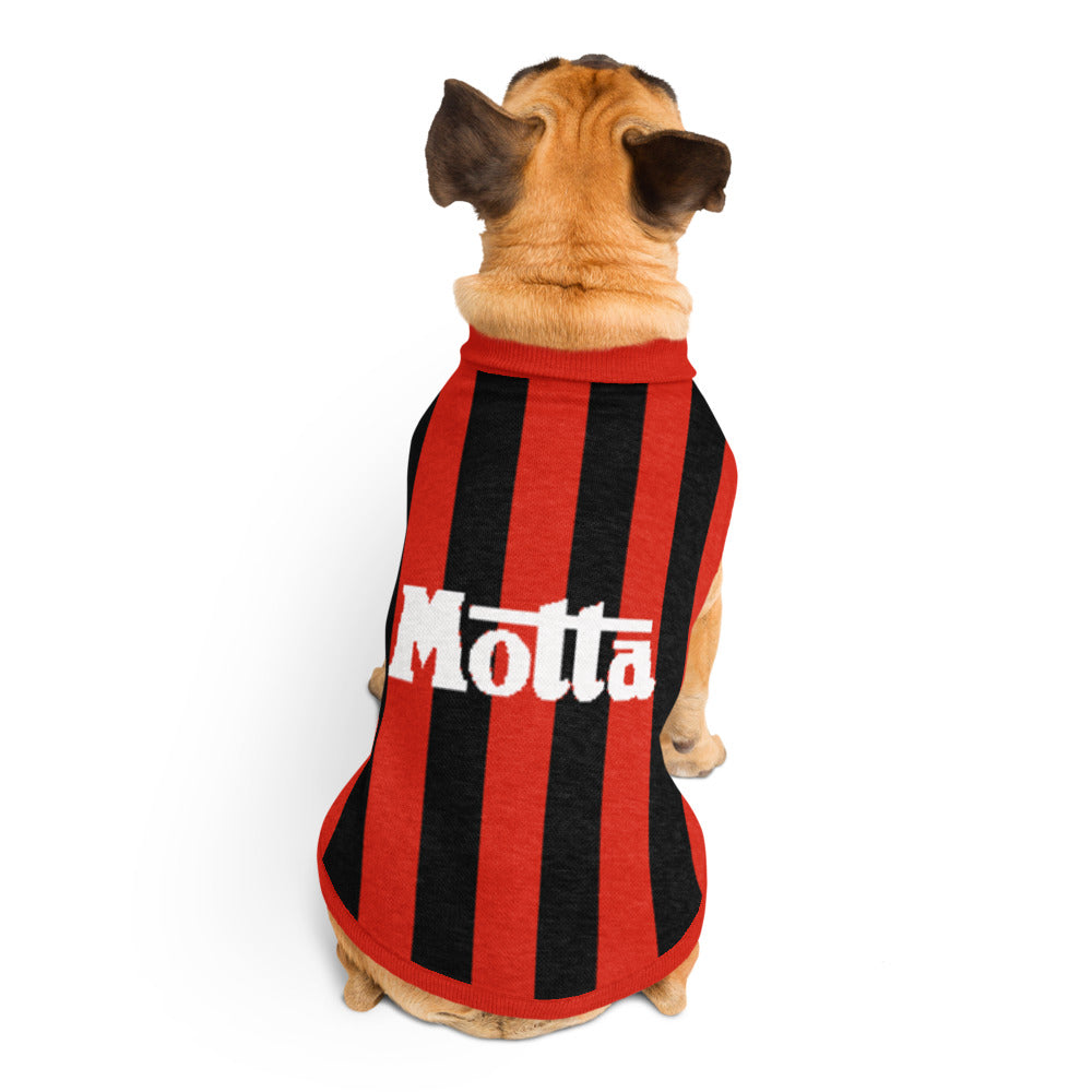 A small tan dog seen from behind wearing a red and black vertically striped pet shirt with the word 'Motta' in white across the back, photographed on a clean white background.