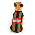 A small tan dog viewed from behind wearing a striped pet shirt with green, black, and red vertical stripes and a red center panel with the word 'müller' in white.