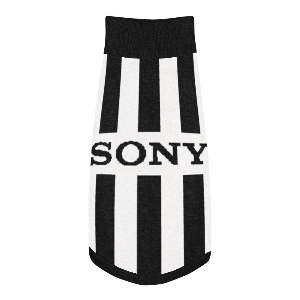 A black and white striped knit pet sweater featuring the word 'SONY' printed across the center, shown against a plain white background.