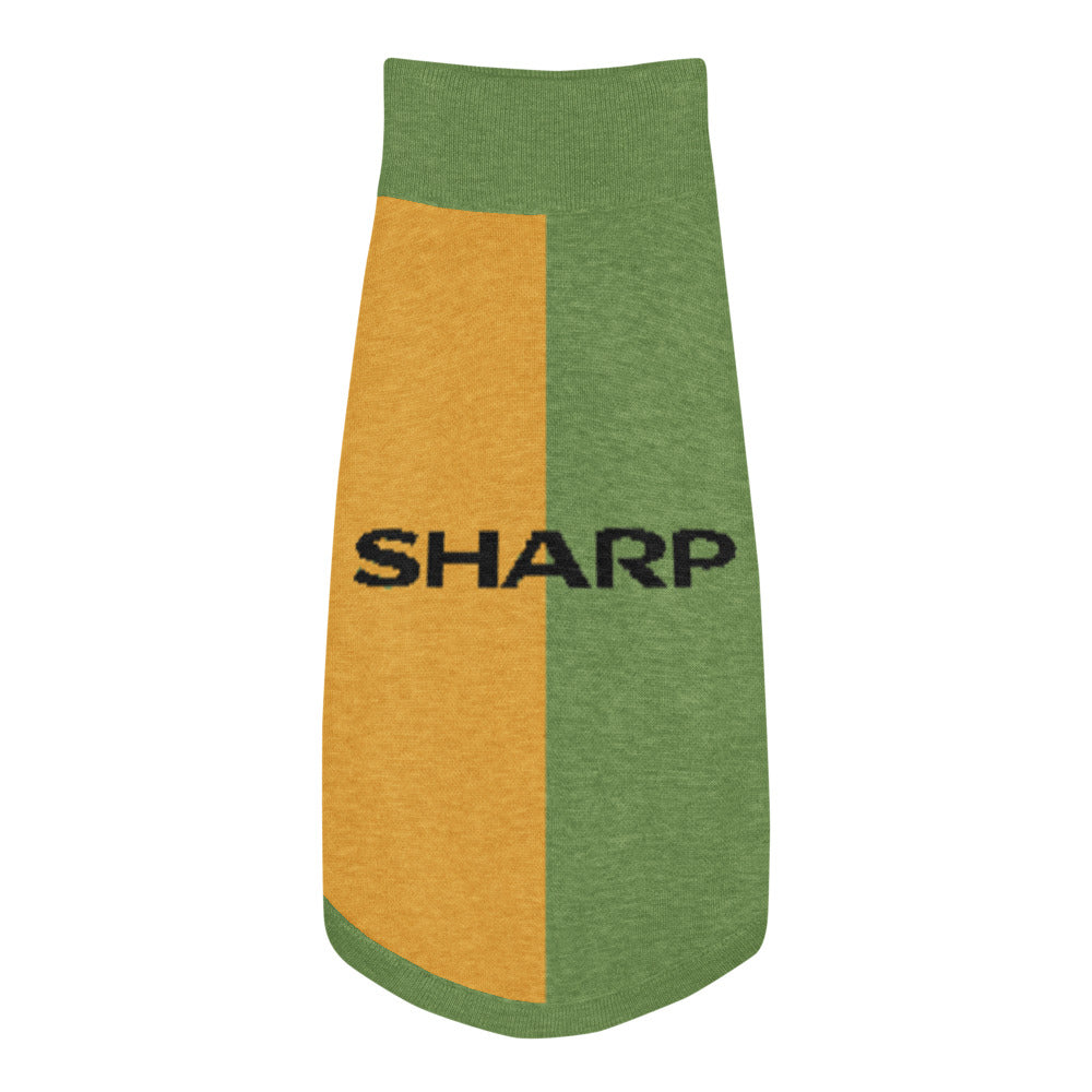 A green knit pet sweater with a vertical mustard yellow panel on the left side, featuring the word 'SHARP' printed in black across the center, shown against a plain white background.