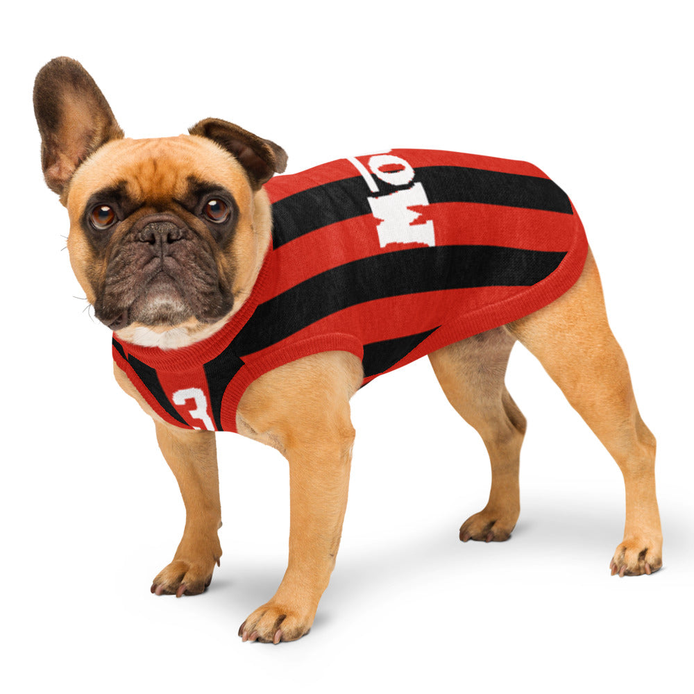 A fawn French bulldog wearing a red and black striped dog shirt with white lettering, standing against a plain white background.