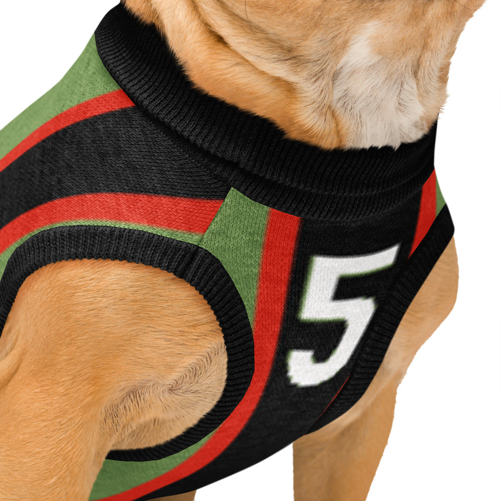 A close-up of a dog wearing a black knit pet sweater with green and red stripes and a white number 5 on the side, against a plain white background.