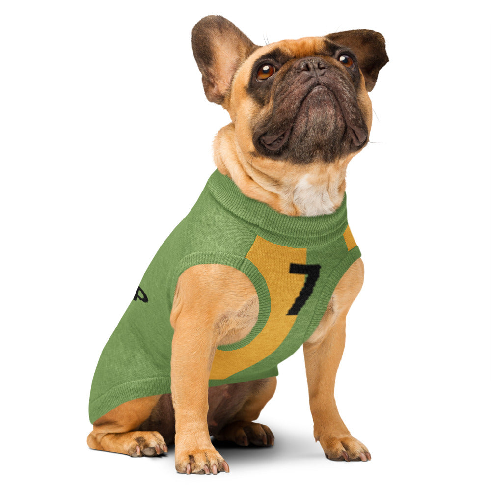 A fawn French bulldog wearing a green knit dog sweater with a yellow graphic and the number 7, sitting against a plain white background.