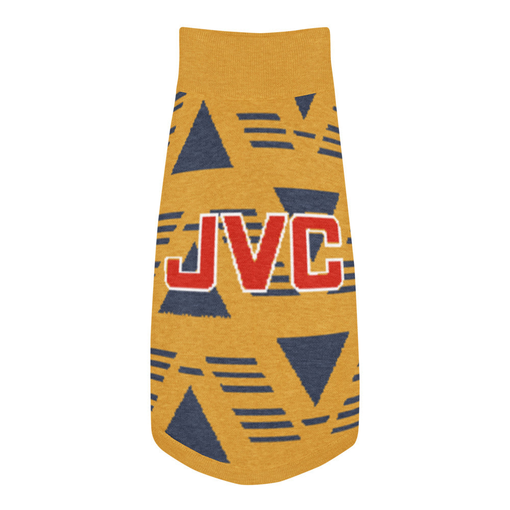 A mustard yellow knit pet sweater with a navy blue geometric pattern and a red 'JVC' logo on the front, displayed against a solid white background.