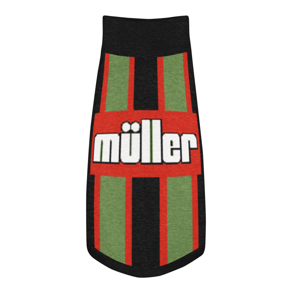 A knit pet sweater or shirt in black, green, and red, featuring the brand name 'müller' in white text with black outlines across the center.