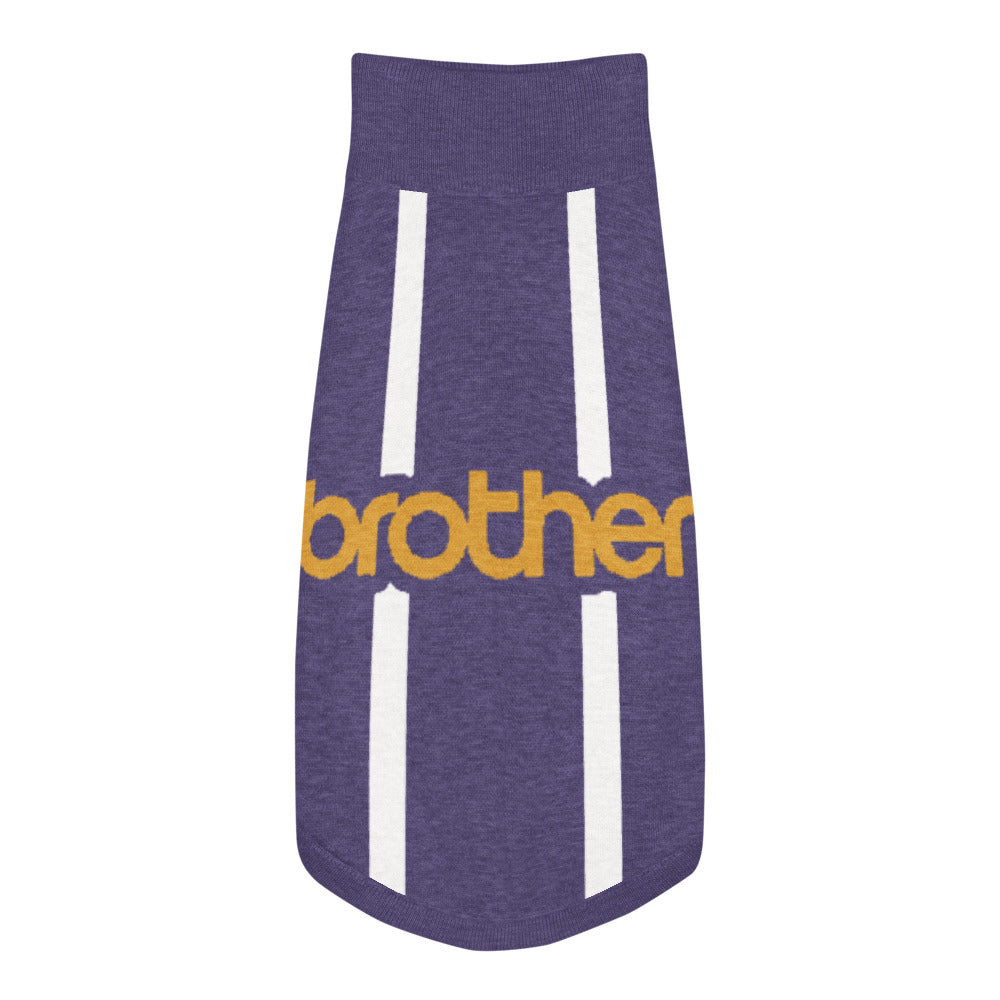 A purple knit pet sweater with a heathered texture, featuring two vertical white stripes and a yellow 'brother' graphic across the chest, displayed on a solid white background.