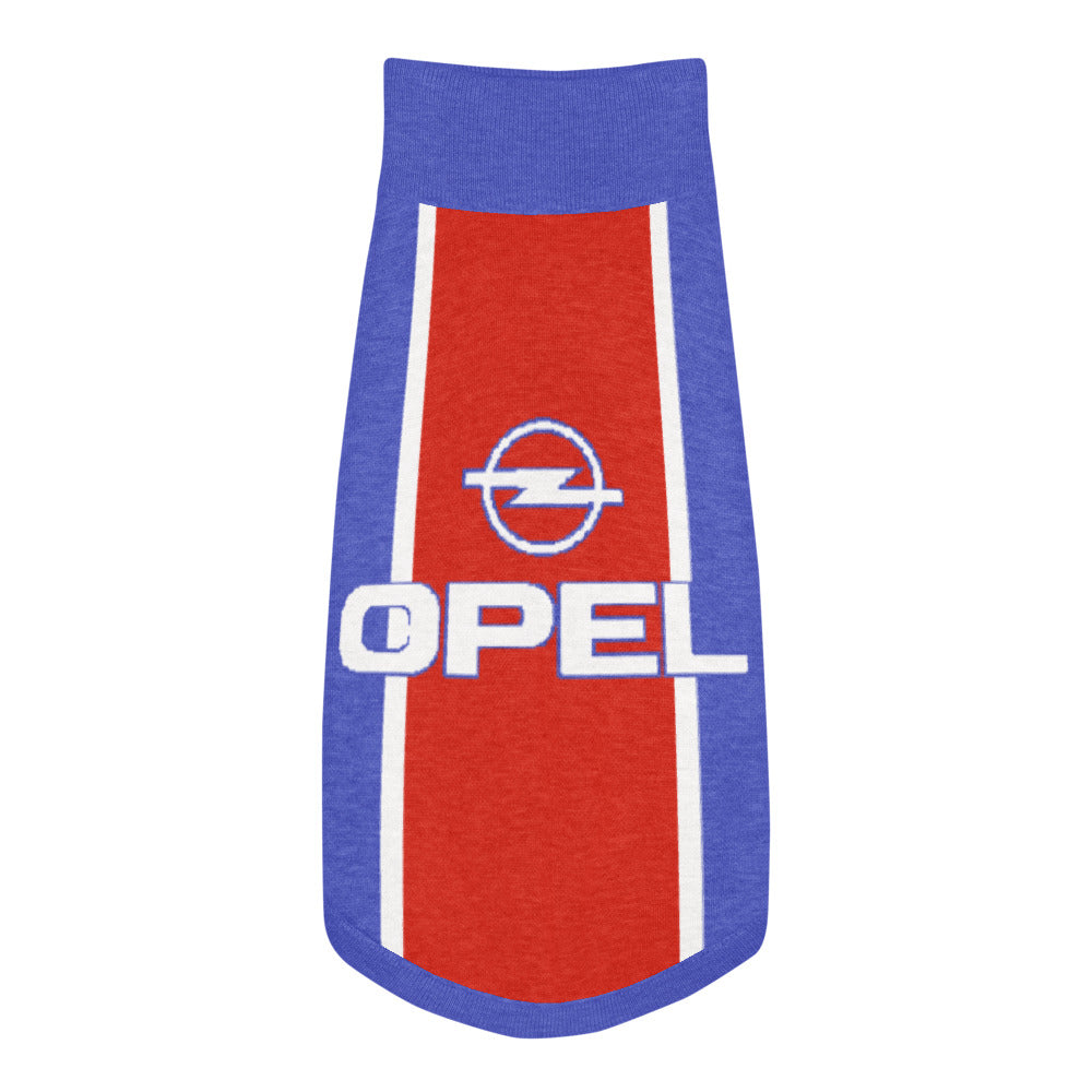 A dog shirt featuring a red center panel with white stripes and the Opel logo, bordered by blue fabric on the sides and top, on a white background.