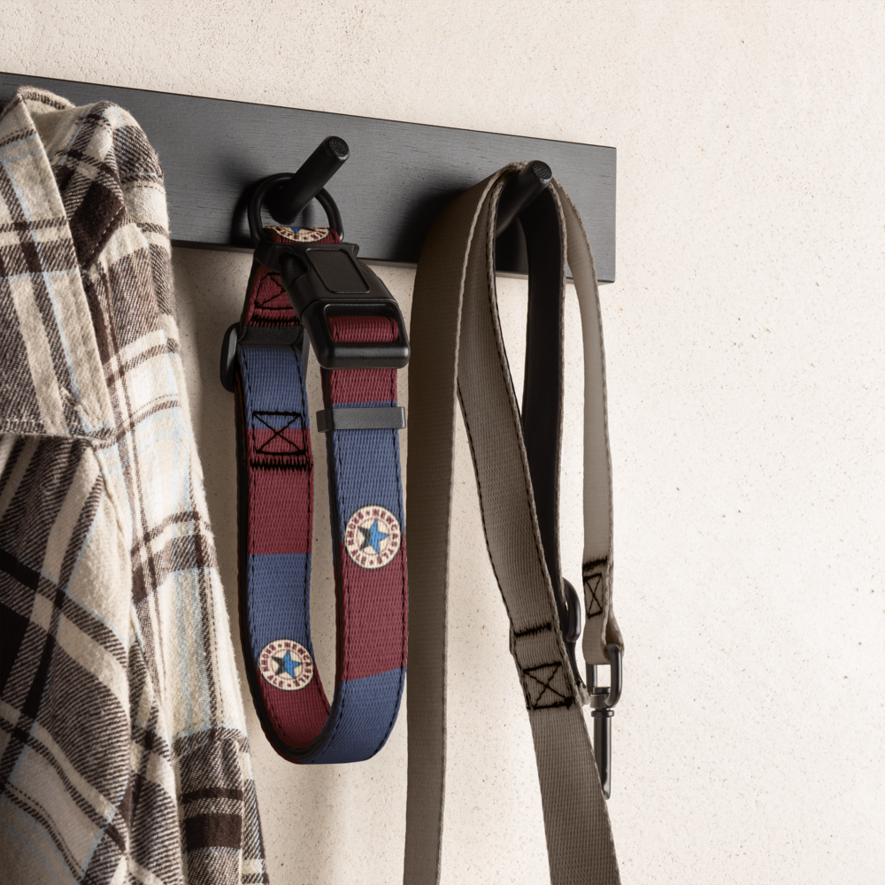 A dog collar and a long leash hang from a black wall hook on a light textured wall. The dog collar has a patchwork design in burgundy, blue, and gray with circular star details, while the leash is a solid taupe-brown color.