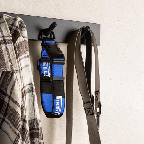 A blue and black IRELI dog collar hangs on a black wall hook next to a plaid shirt, with a gray strap hanging on the right, against a light textured wall.